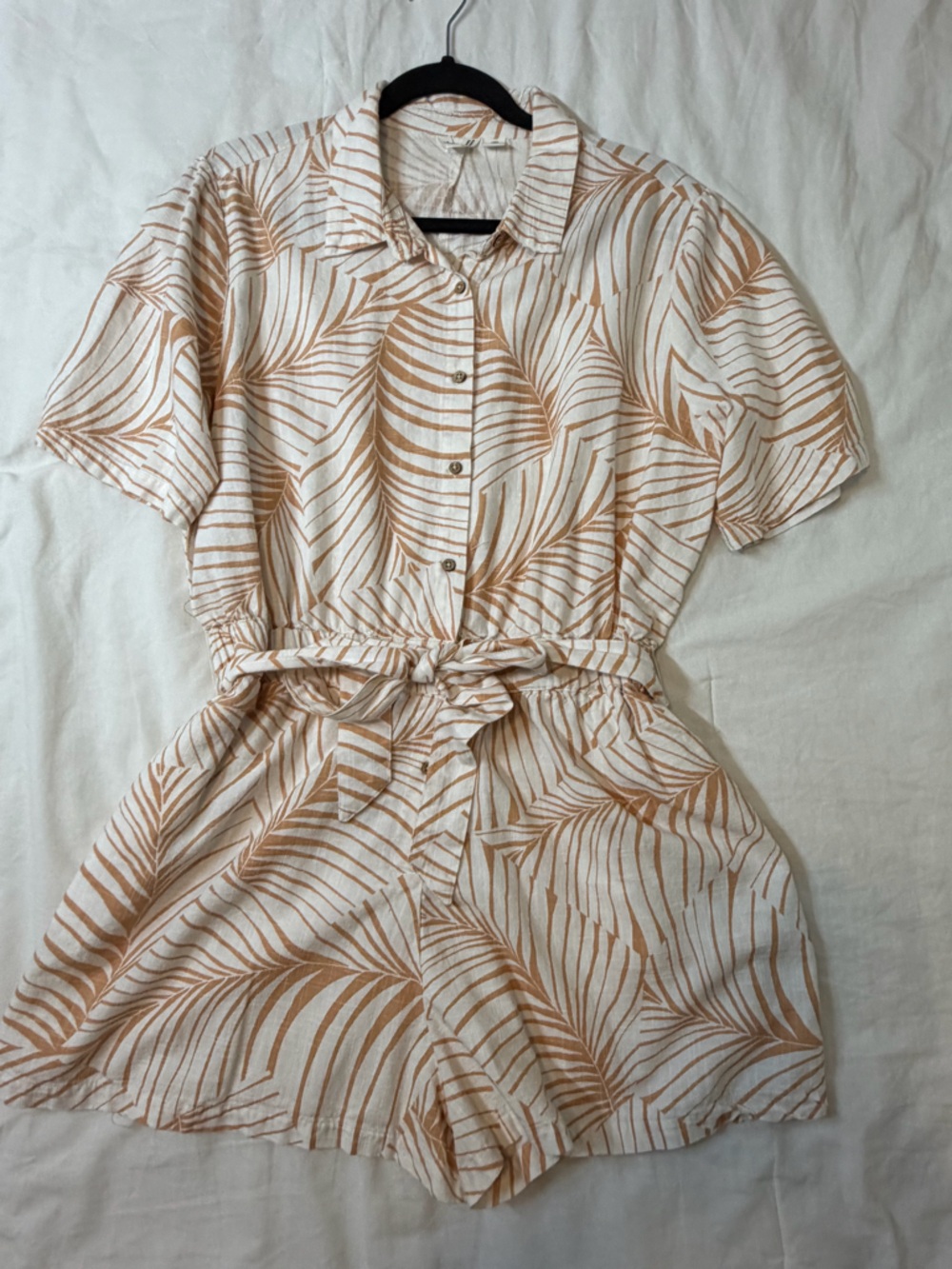 Roxy Palm Print Linen Blend Romper Tie Waist Button Front Large